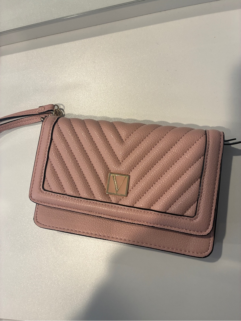 Victoria's Secret Quilted Wristlet in Dusty Pink with Gold V Logo